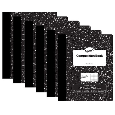 Pacon® Composition Book, 9.75 x 7.5, 1/5 Quadrille Ruled, 100 Sheets, Black Marble, Pack of 6 (PA