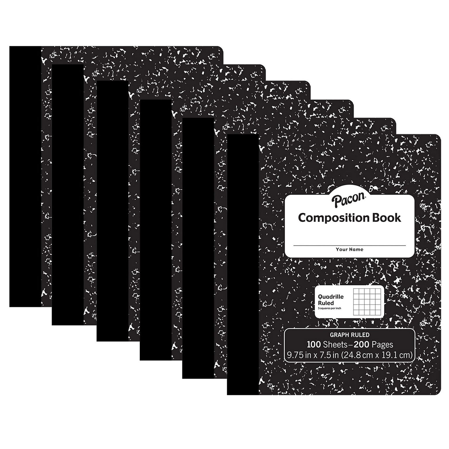 Pacon® Composition Book, 9.75 x 7.5, 1/5 Quadrille Ruled, 100 Sheets, Black Marble, Pack of 6 (PACMMK37103-6)