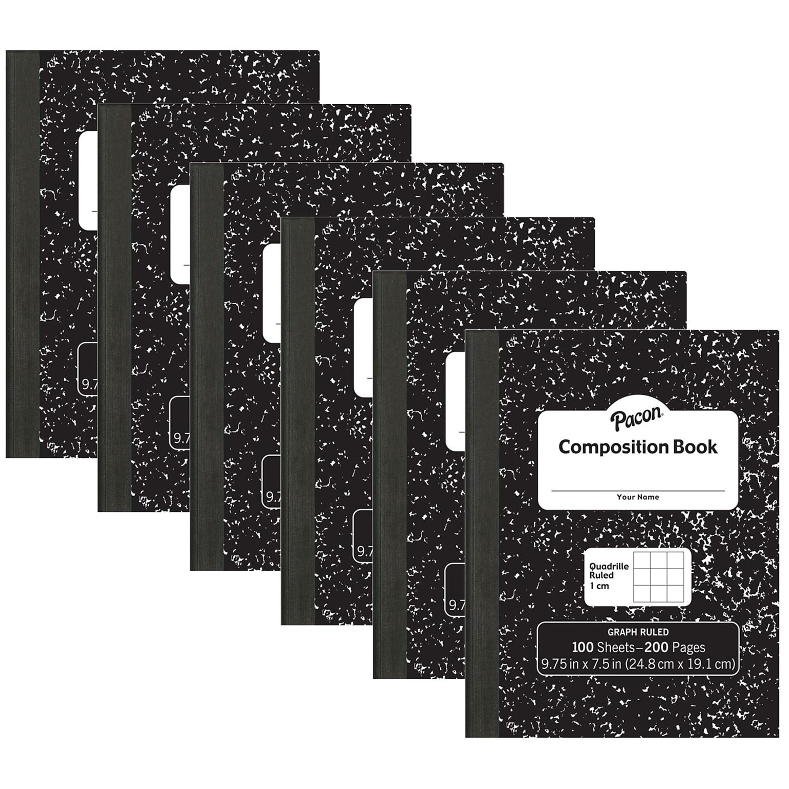 Pacon® Composition Book, 9.75 x 7.5, 1 cm Quadrille Ruled, 100 Sheets, Black Marble, Pack of 6 (PACMMK37105-6)
