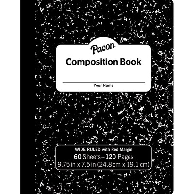 Pacon® Hardcover Composition Book, 9.75 x 7.5, 3/8 Ruled, 60 Sheets, Black Marble, Pack of 12 (PA