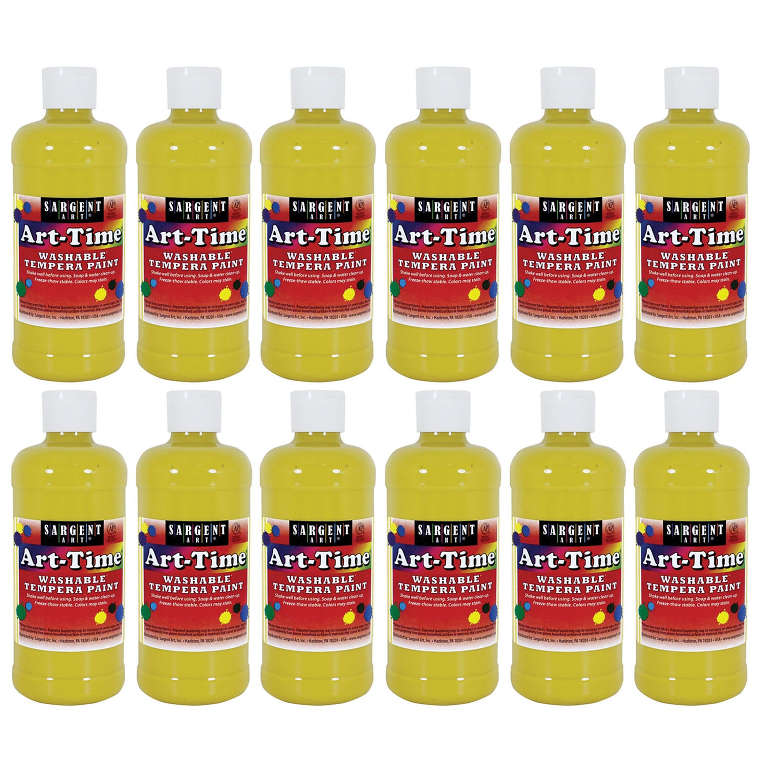 Sargent Art Art-Time Washable Tempera Paint, Yellow, 16 oz., Pack of 12 (SAR173402-12)