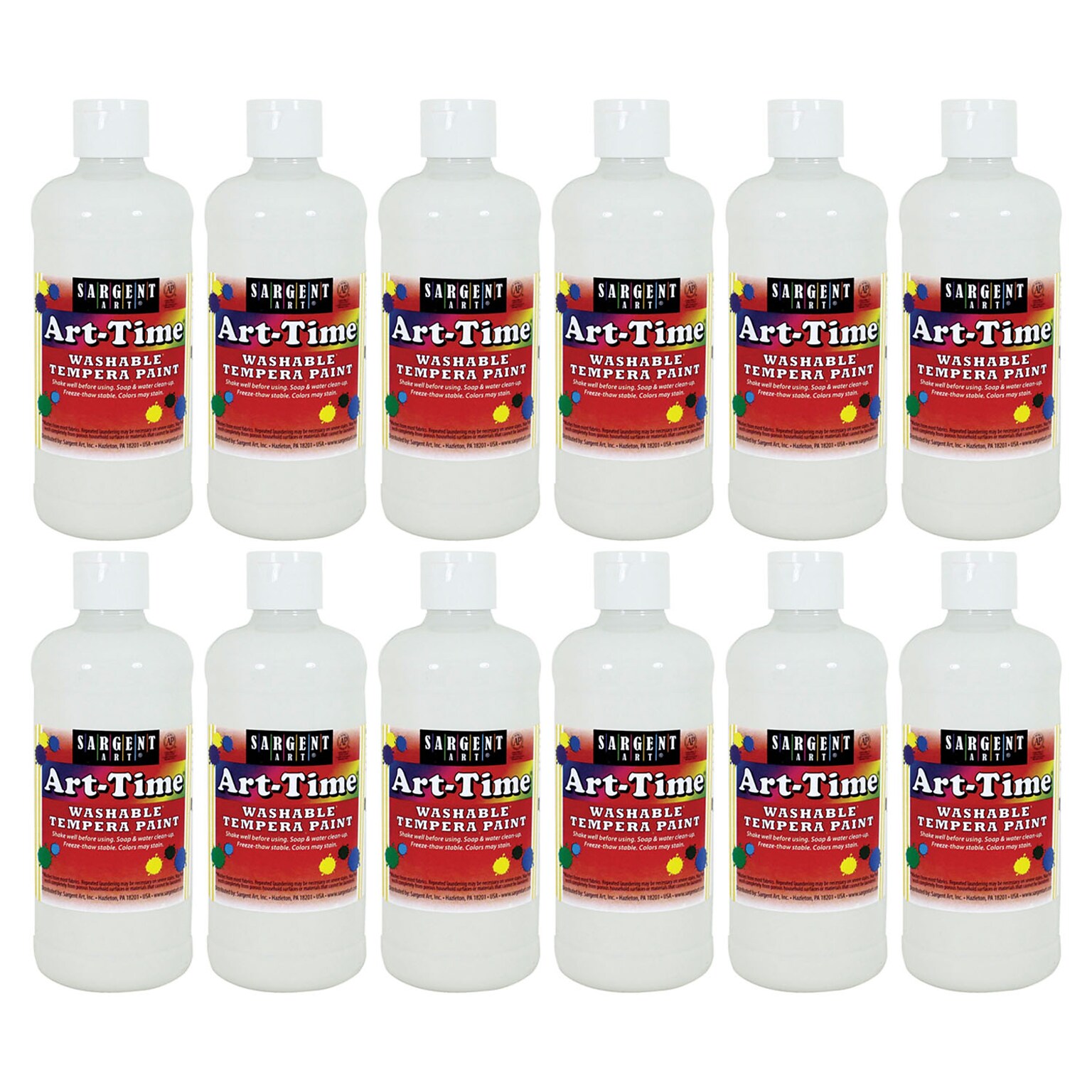 Sargent Art® Art-Time® Washable Tempera Paint, White, 16 oz. Bottle, Pack of 12 (SAR173496-12)