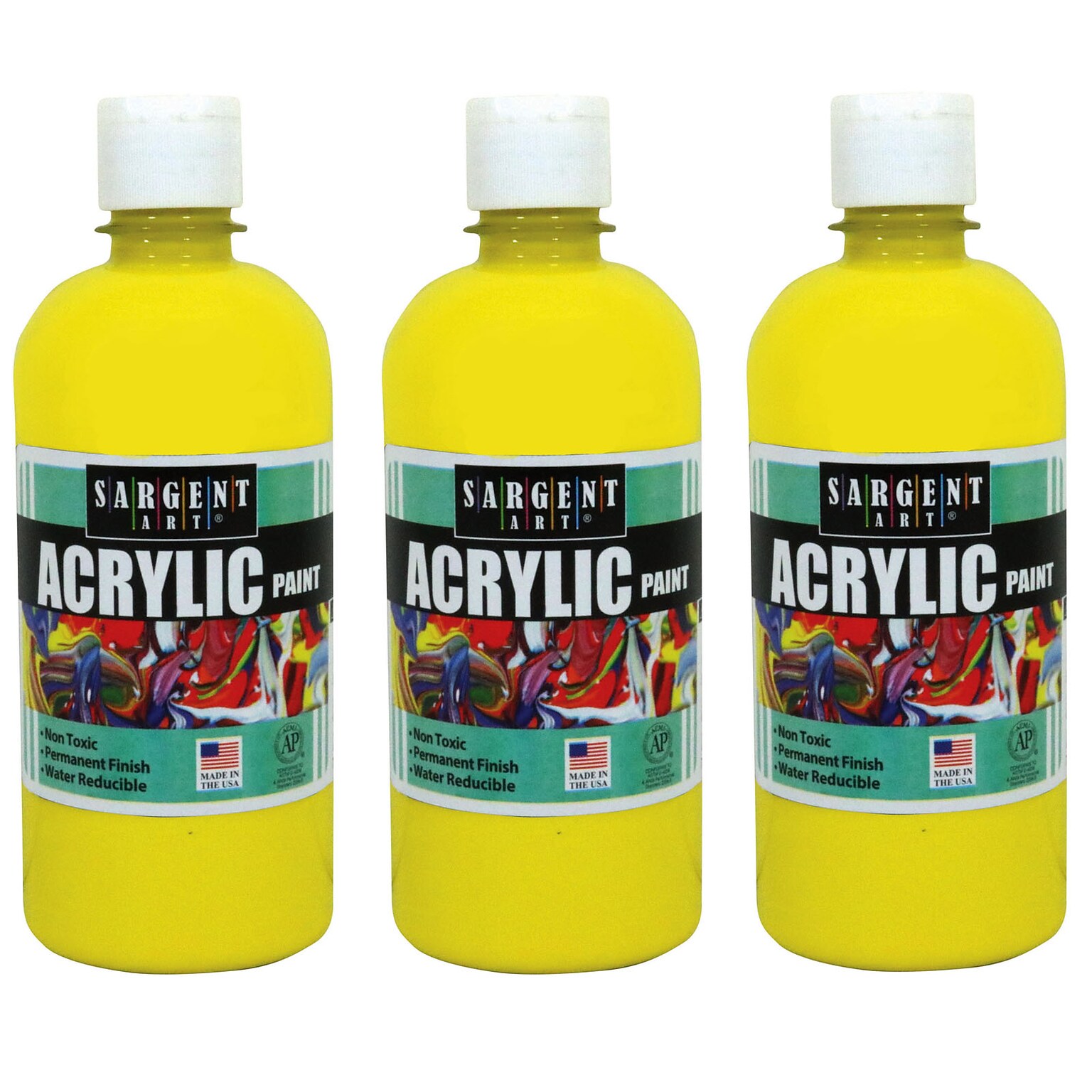 Sargent Art Acrylic Paint, 16 oz., Yellow, Pack of 3 (SAR242402-3)