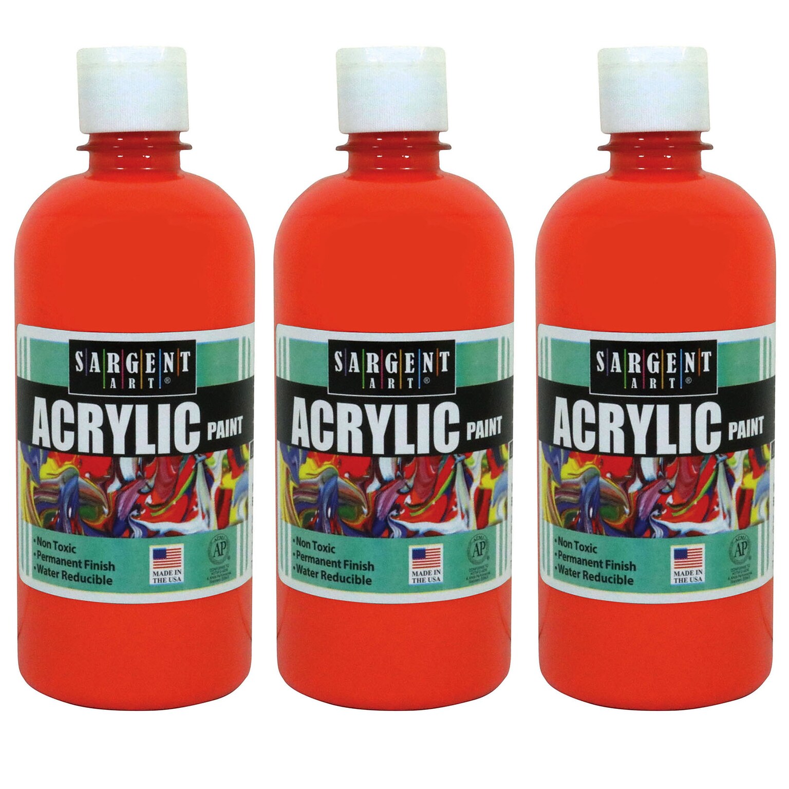 Sargent Art Acrylic Paint, 16 oz., Orange, Pack of 3 (SAR242414-3)