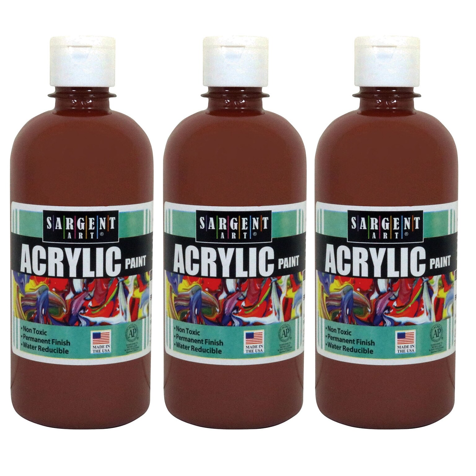Sargent Art Acrylic Paint, 16 oz., Brown, Pack of 3 (SAR242488-3)