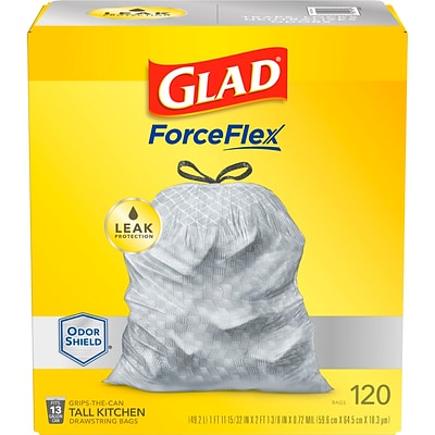 Glad® ForceFlex Tall Kitchen Drawstring Trash Bags – 13 Gallon Grey Trash Bag, Unscented OdorShield® – 120 Count (79158)
