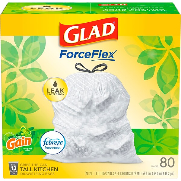 Glad® ForceFlex Tall Kitchen Drawstring Trash Bags, 13 Gallon, Gain Original scent, White, 80 Count (32483)