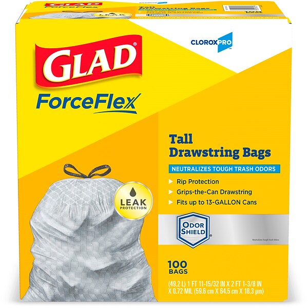 CloroxPro™ Glad ® ForceFlex Tall Kitchen Drawstring Trash Bags, 13 Gallon Grey Trash Bag, 100 Count (70427)