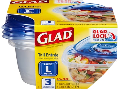 Glad Tall Entree Plastic Container With Lid, Clear/Blue, 3/Box (BBG10041)