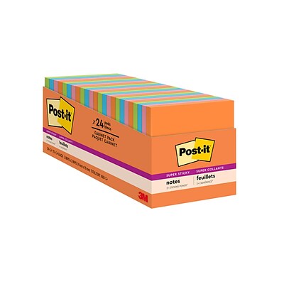 Post-it® Super Sticky Notes Cabinet Pack, 3 x 3, Energy Boost Collection, 70 Sheets/Pad, 24 Pads/Pack (654-24SSAU-CP)