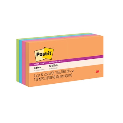 Post-it Super Sticky Notes, 1 7/8 x 1 7/8, Energy Boost Collection, 8 Pads/Pack, 90 Sheets/Pad (62