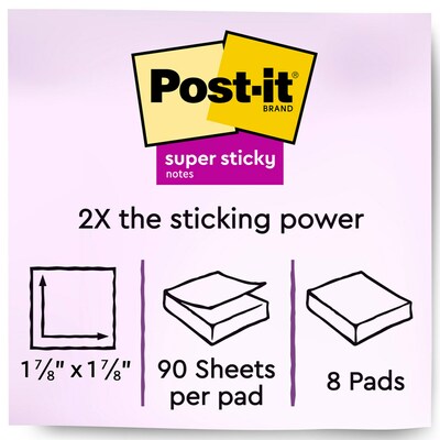 Post-it Super Sticky Notes, 1 7/8 x 1 7/8, Energy Boost Collection, 8 Pads/Pack, 90 Sheets/Pad (62