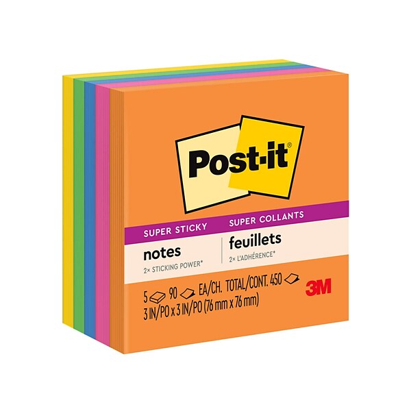 Post-it® Super Sticky Notes, 3 x 3, Energy Boost Collection, 90 Sheets/Pad, 5 Pads/Pack (654-5SSUC)