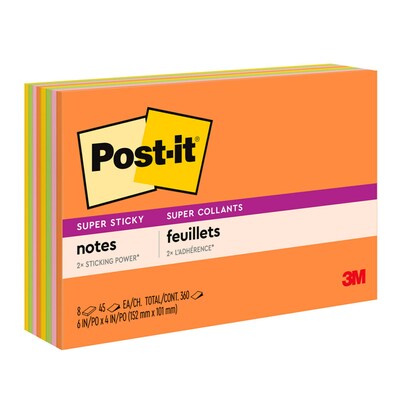 Post-it® Super Sticky Meeting Notes, 6 x 4, Energy Boost Collection, 8 Pads/Pack, 45 Sheets/Pads (