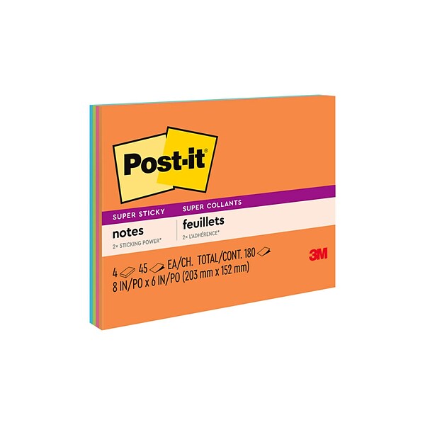 Post-it® Super Sticky Meeting Notes, 8 x 6, Energy Boost Collection, 4 Pads/Pack, 45 Sheets/Pad (6845-SSP)