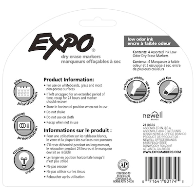 Expo Tank Dry Erase Marker, Chisel Tip, Assorted, 4/Pack (80174)
