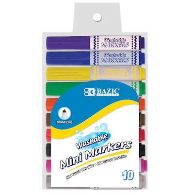 BAZIC® Washable Mini Markers, Broad Line, 10 Assorted Colors Per Pack, 12 Packs (BAZ1220-12)