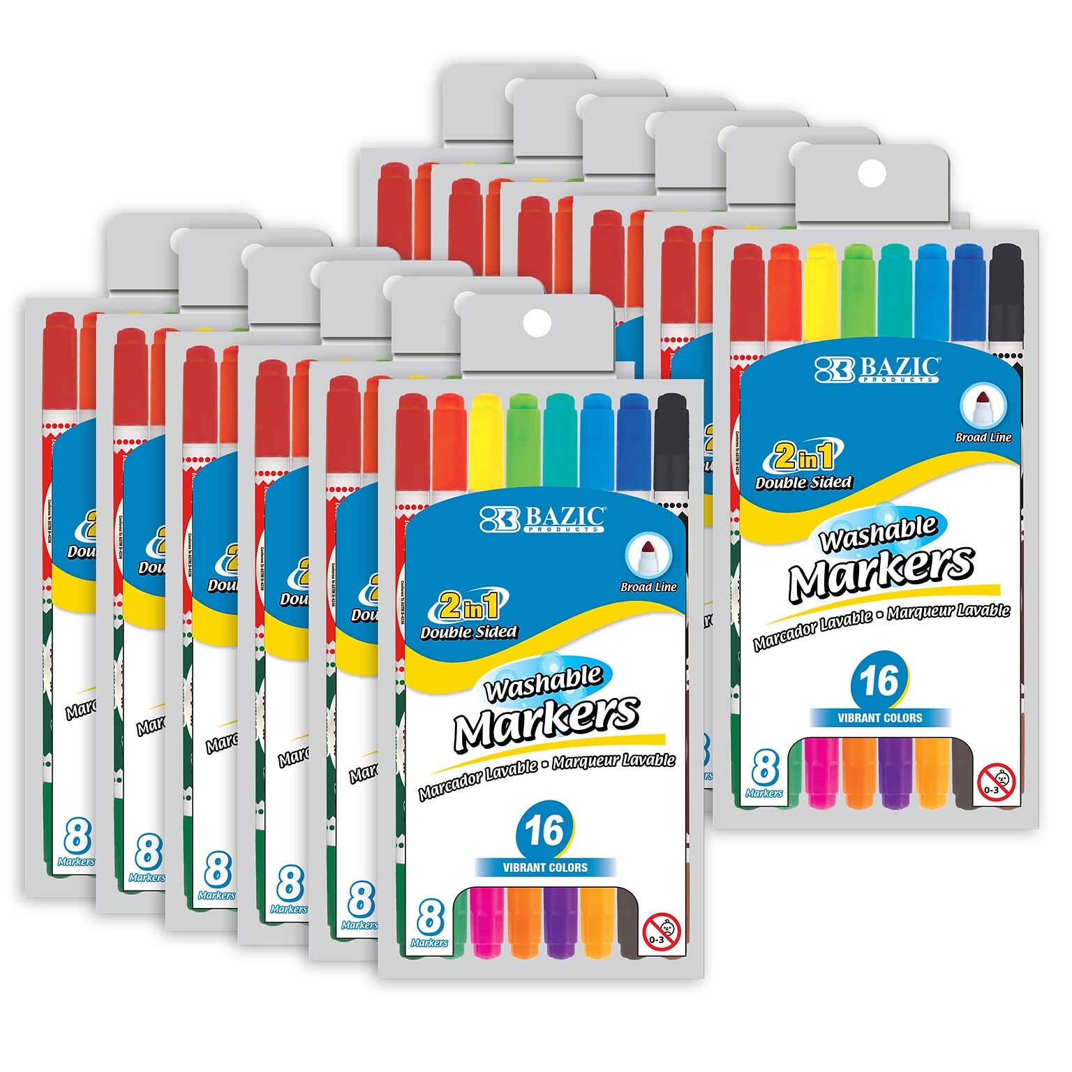 Bazic® Washable Markers, Double Tip Broad Line, 16 Colors, 8 Per Pack, 12 Packs (BAZ1234-12)