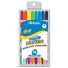 Bazic® Washable Markers, Double Tip Broad Line, 16 Colors, 8 Per Pack, 12 Packs (BAZ1234-12)