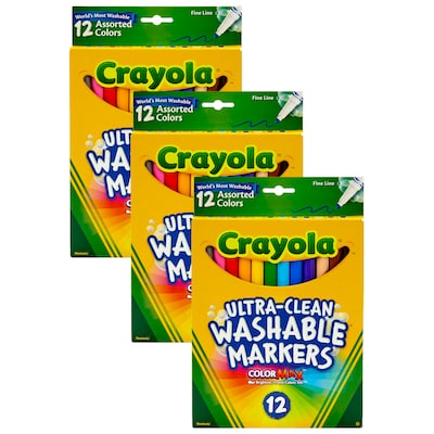 Crayola® Ultra-Clean Washable Markers, Fine Line, 12 Assorted Colors, 3 Boxes (BIN587813-3)