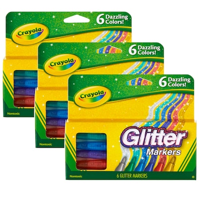 Crayola® Glitter Markers, Bullet Tip, 6 Assorted Colors Per Box, 3 Boxes (BIN588629-3)