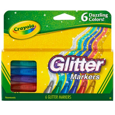 Crayola® Glitter Markers, Bullet Tip, 6 Assorted Colors Per Box, 3 Boxes (BIN588629-3)