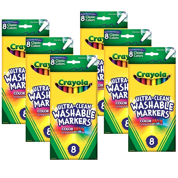 Crayola Ultra-Clean Washable Markers, Wedge Tip, 8 per Box, 6 Boxes