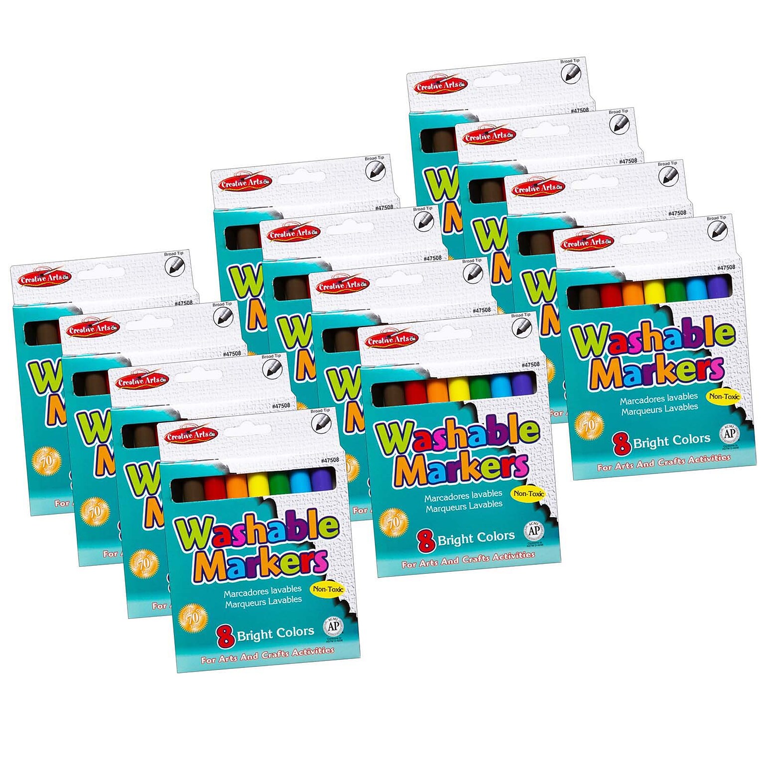 Charles Leonard Creative Arts™ Washable Markers, Broad Tip, 8 Assorted Colors Per Box, 12 Boxes (CHL47508-12)