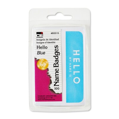 Charles Leonard Self-Adhesive Blue Hello Name Badges, 3.375 x 2.25, 100 Per Pack, 12 Packs (CHL935