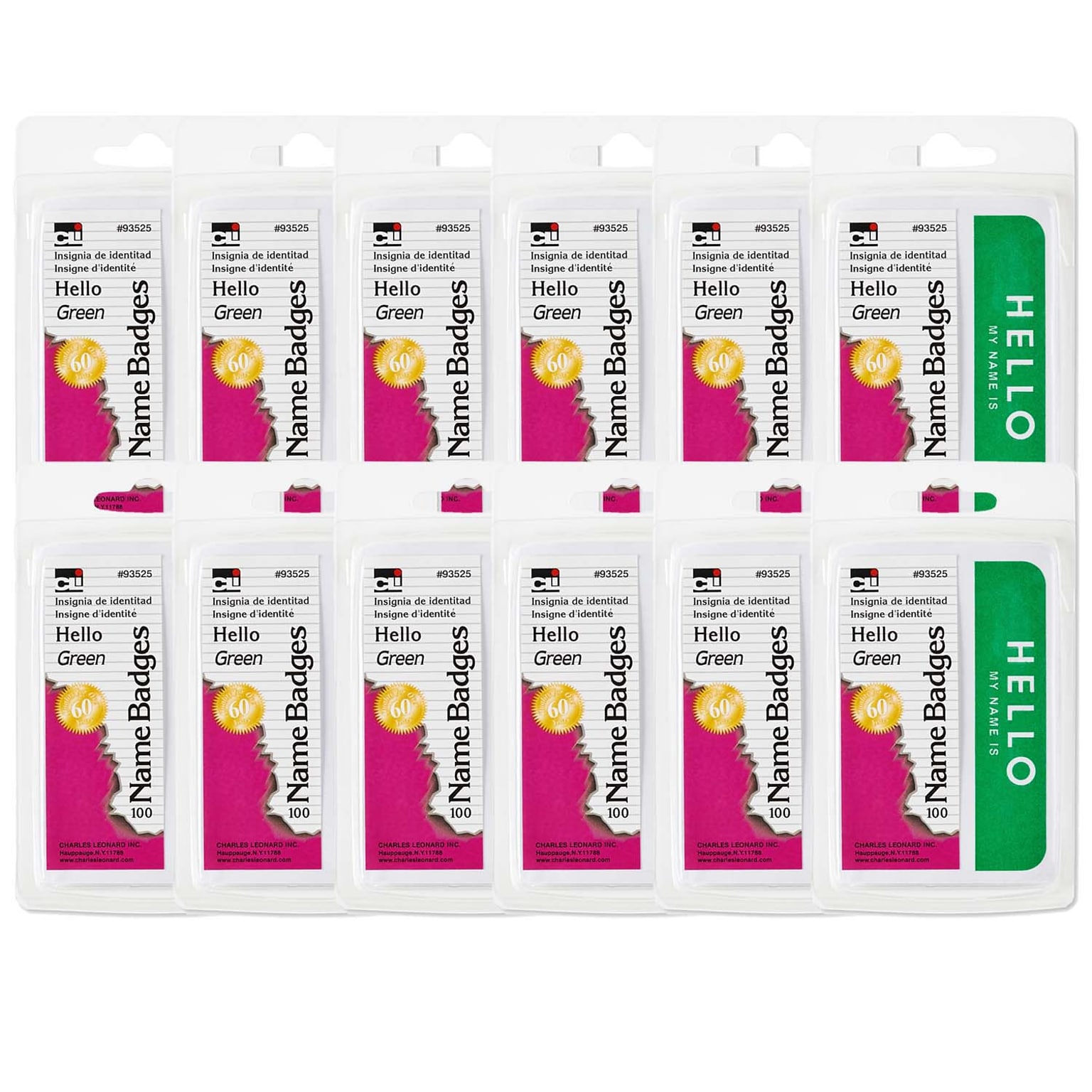 CLI Self-Adhesive Green Hello Name Badges, 3.375 x 2.25, 100/Pack, 12 Packs (CHL93525-12)