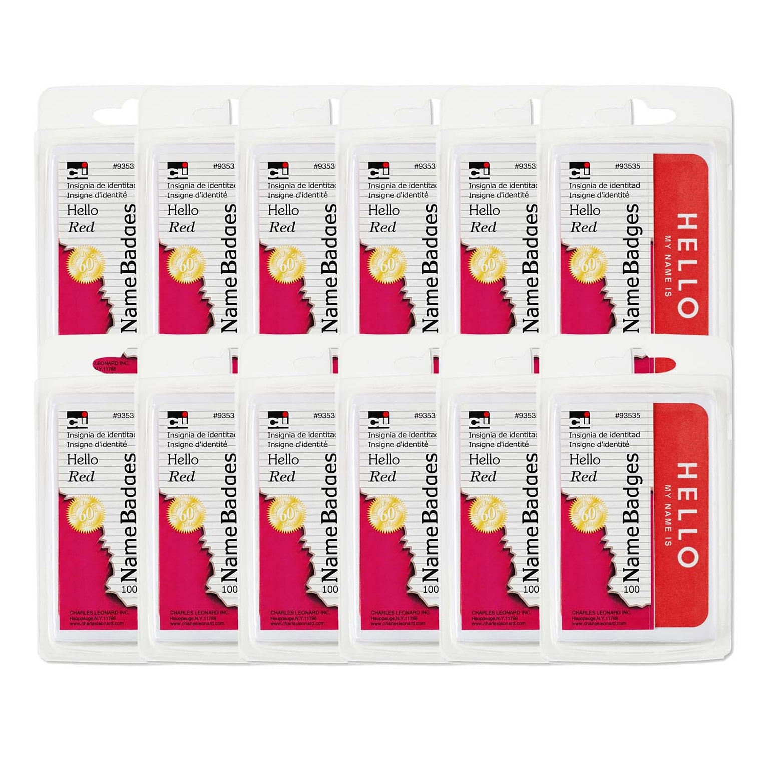 Charles Leonard Self-Adhesive Red Hello Name Badges, 3.375 x 2.25, 100 Per Pack, 12 Packs (CHL93535-12)