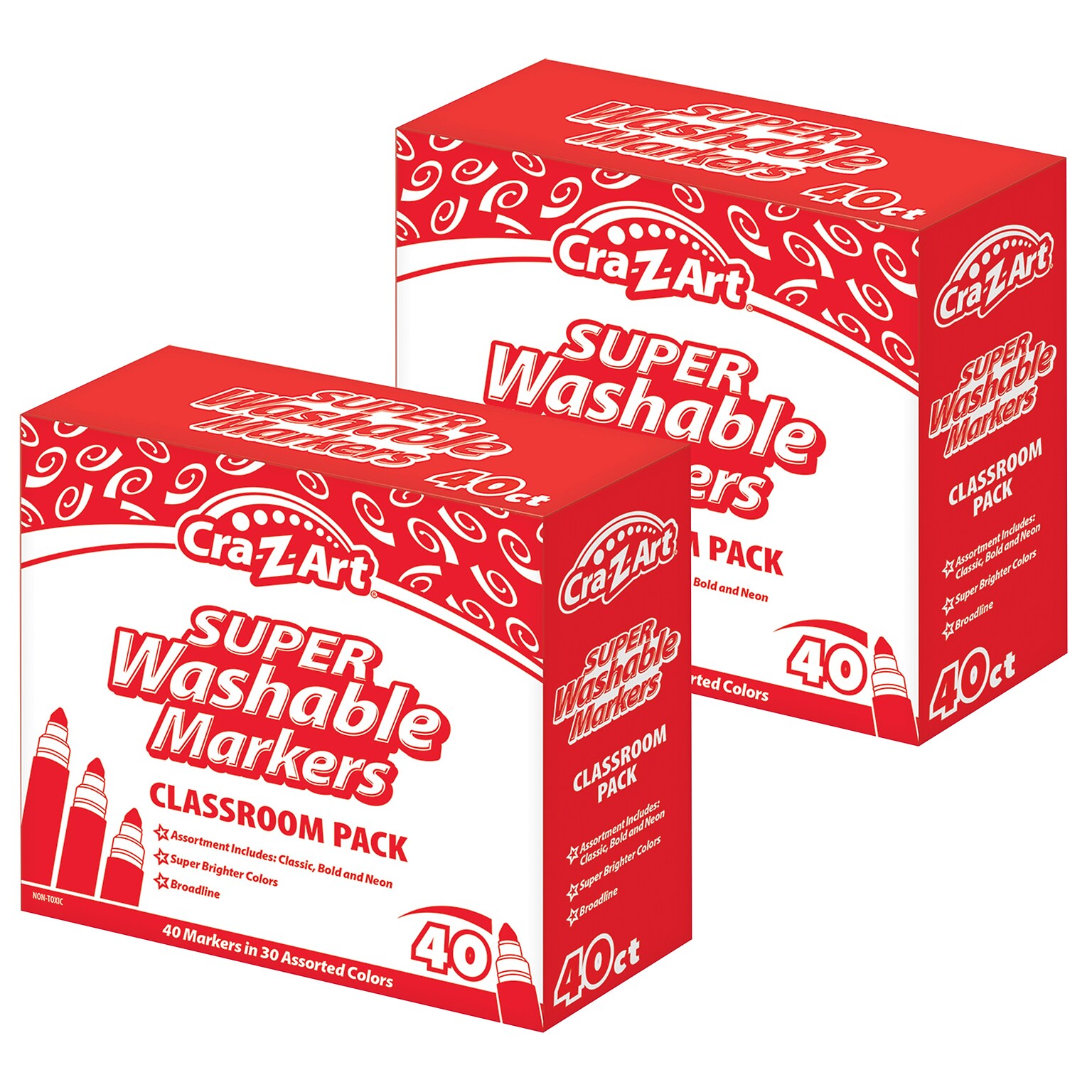 Cra-Z-Art® Super Washable Markers, Classroom Pack, Broad/Fine Line, 40 Per Pack in 30 Assorted Colors, 2 Packs (CZA0134424-2)