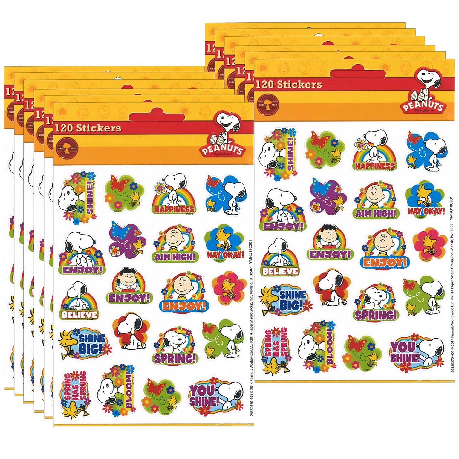 Eureka® Peanuts® Spring Theme Stickers, Assorted Sizes, 120 Per Pack, 12 Packs (EU-655057-12)