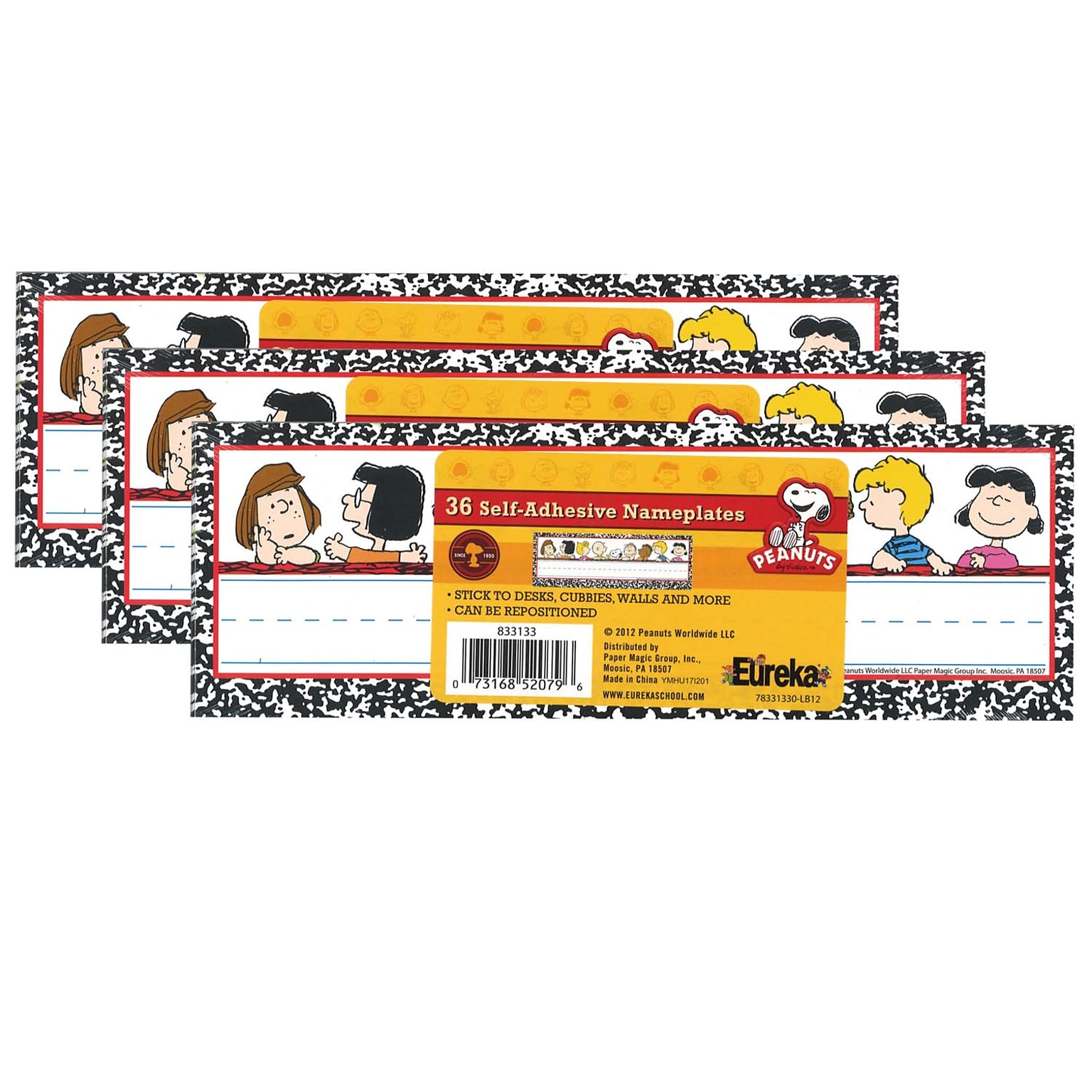 Eureka Self-Adhesive Peanuts Classic Characters Nameplates, 9.625 x 3.25, 36 Per Pack, 3 Packs (EU-833133-3)