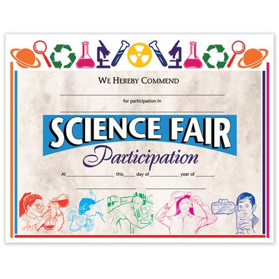Hayes Publishing 8.5" x 11" Science Fair Participation Award, Multicolored, 30 Per Pack, 3 Packs (H-VA572-3)