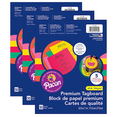 Pacon Premium Tagboard, 8.5 x 11, 5 Bright Assorted Colors, 50 Sheets/Pack, 3/Packs (PAC101160-3)