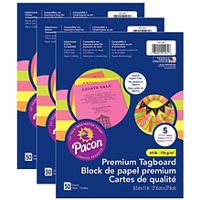 Pacon Premium Tagboard, 8.5 x 11, 5 Hyper Assorted Colors, 50 Sheets/Pack, 3/Packs (PAC101161-3)
