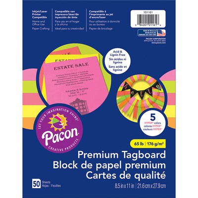 Pacon Premium Tagboard, 8.5" x 11", 5 Hyper Assorted Colors, 50 Sheets/Pack, 3/Packs (PAC101161-3)