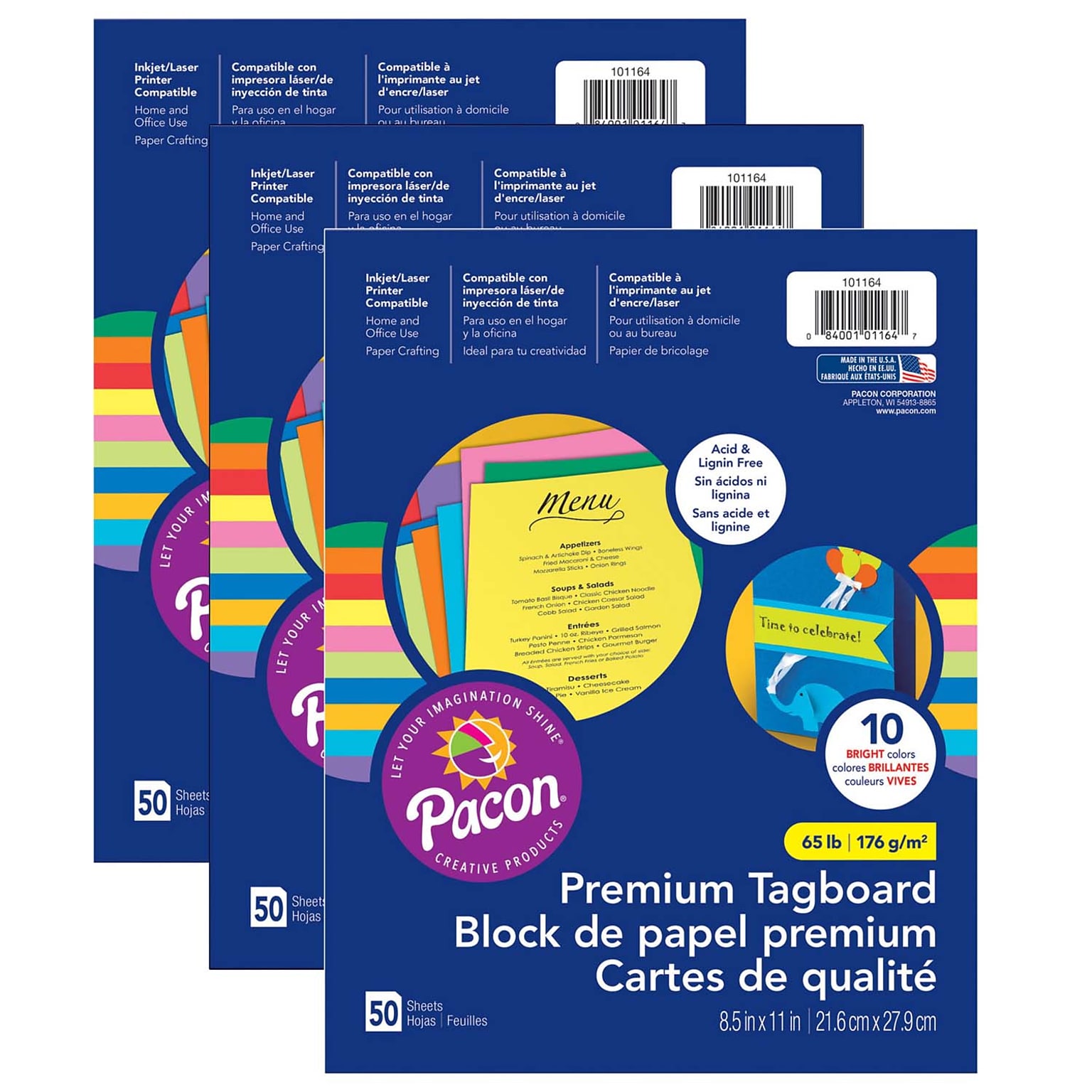 Pacon Premium Tagboard, 8.5 x 11, 10 Bright Assorted Colors, 50 Sheets/Pack, 3/Packs (PAC101164-3)