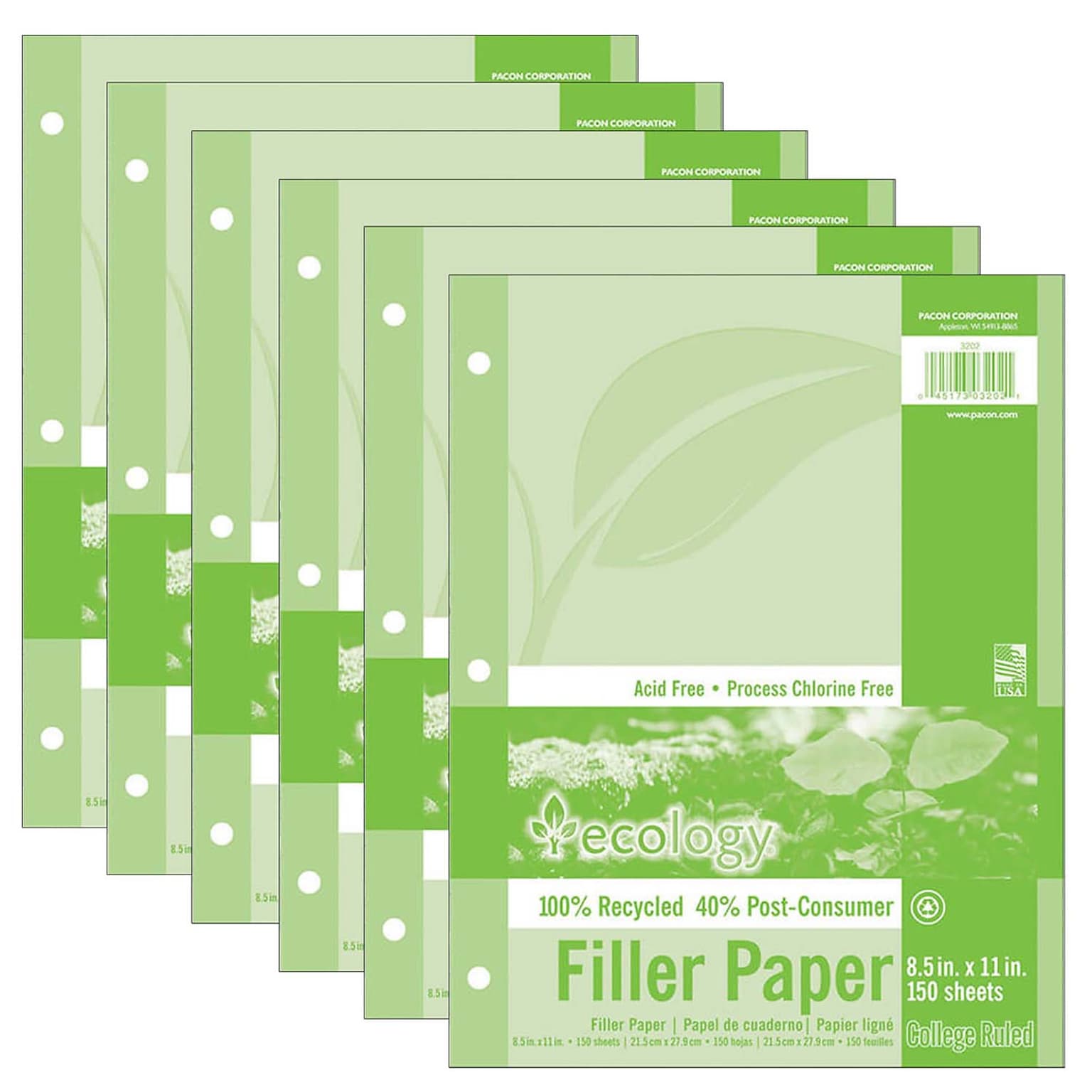 Ecology College Ruled Filler Paper, 8.5 x 11, 3-Hole Punched, 150 Sheets/Pack, 6/Bundle (PAC3202-6)
