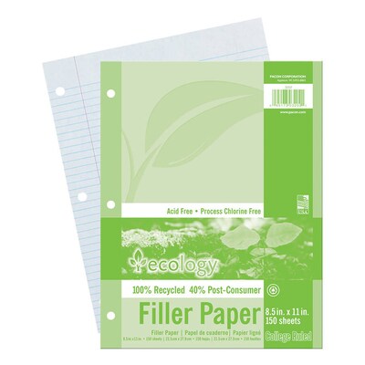 Ecology College Ruled Filler Paper, 8.5" x 11", 3-Hole Punched, 150 Sheets/Pack, 6/Bundle (PAC3202-6)