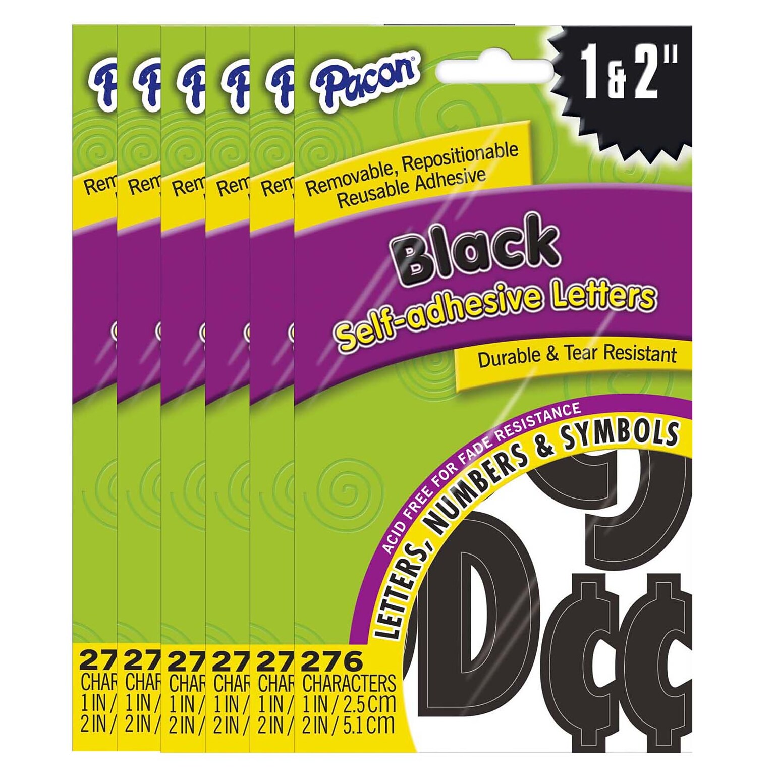 Pacon 1 & 2 Self-Adhesive Classic Font Letters, Black, 276 Characters/Pack, 6 Packs (PAC51658-6)