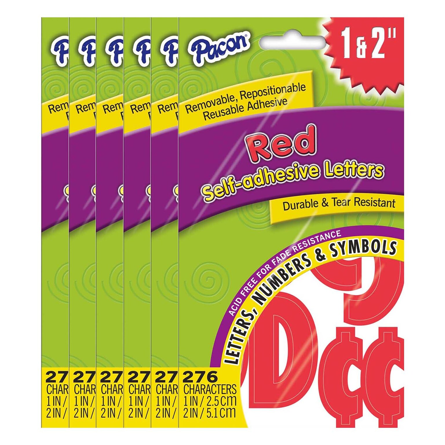 Pacon® 1 & 2 Self-Adhesive Classic Font Letters, Red, 276 Characters Per Pack, 6 Packs (PAC51659-6)