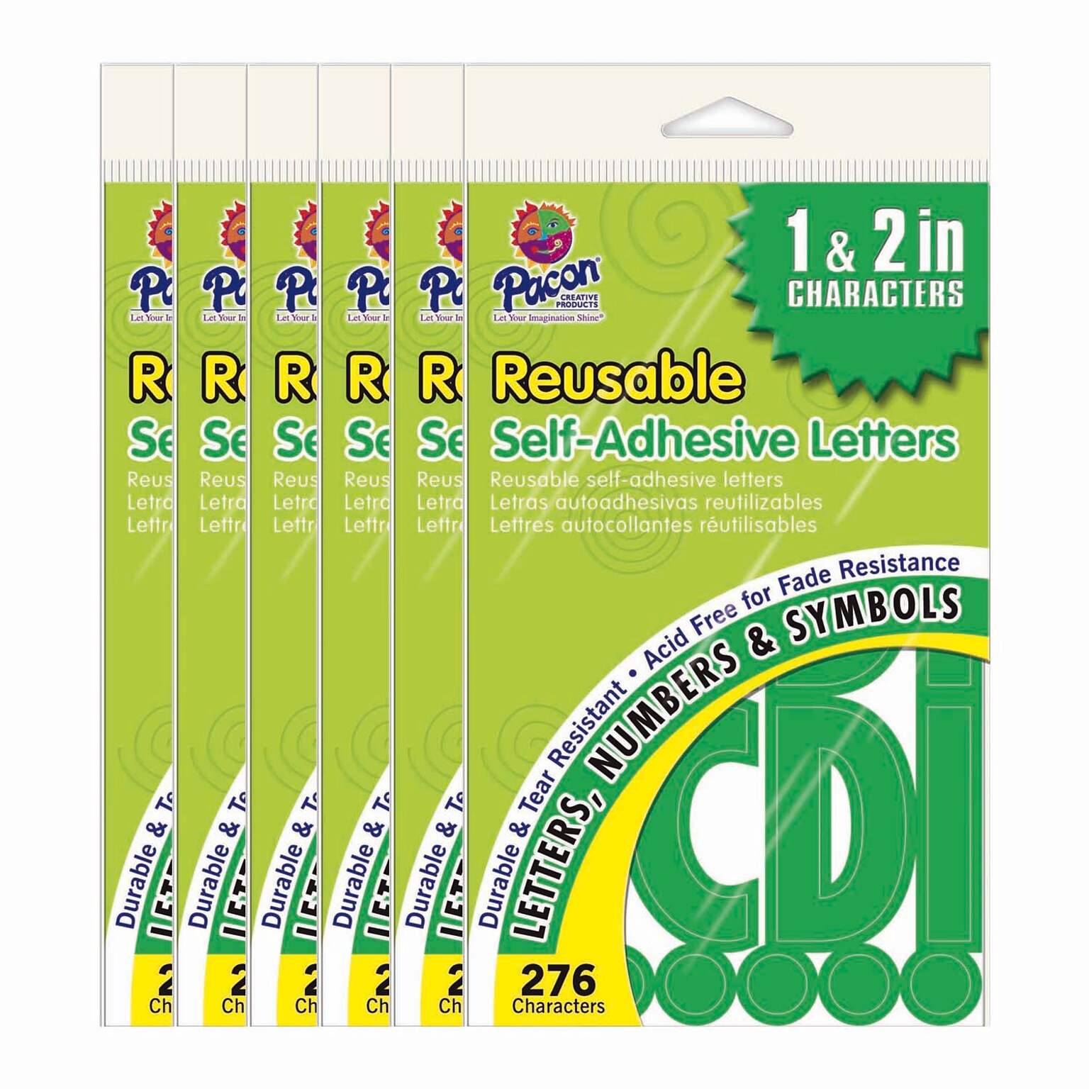 Pacon® 1 & 2 Self-Adhesive Classic Font Letters, Green, 276 Characters Per Pack, 6 Packs (PAC51661-6)