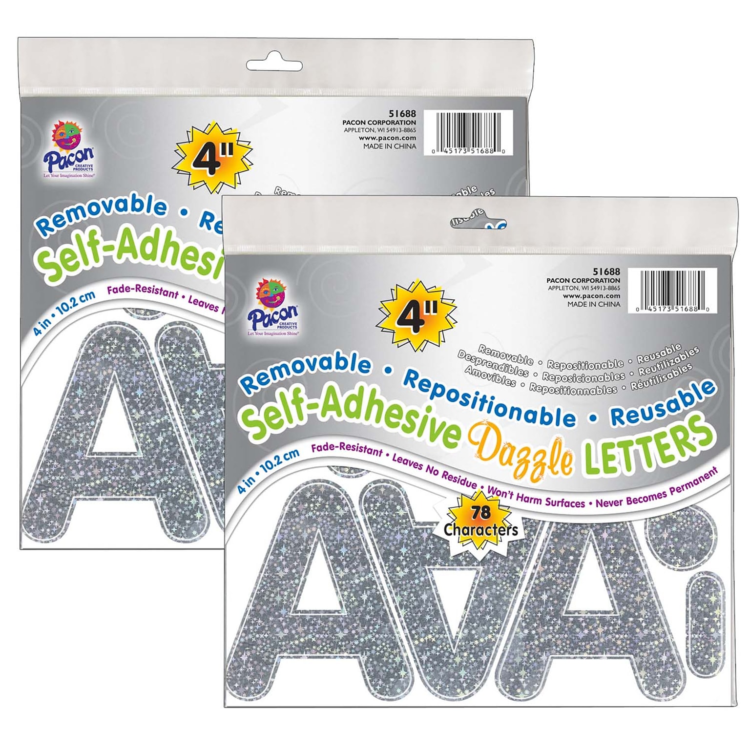 Pacon® 4 Self-Adhesive Puffy Font Letters, Silver Dazzle, 78 Per Pack, 2 Packs (PAC51688-2)