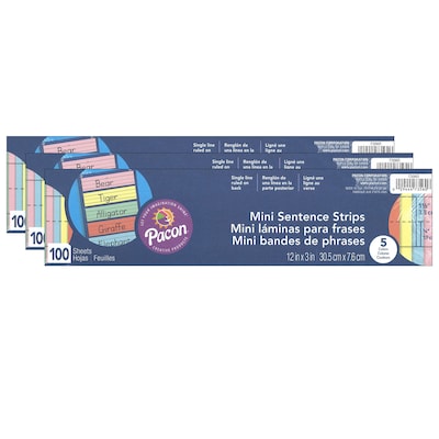 Pacon® Mini Sentence Strips, 5 Assorted Colors, 1-1/2 x 3/4 Ruled, 3 x 12, 100 Per Pack, 3 Packs