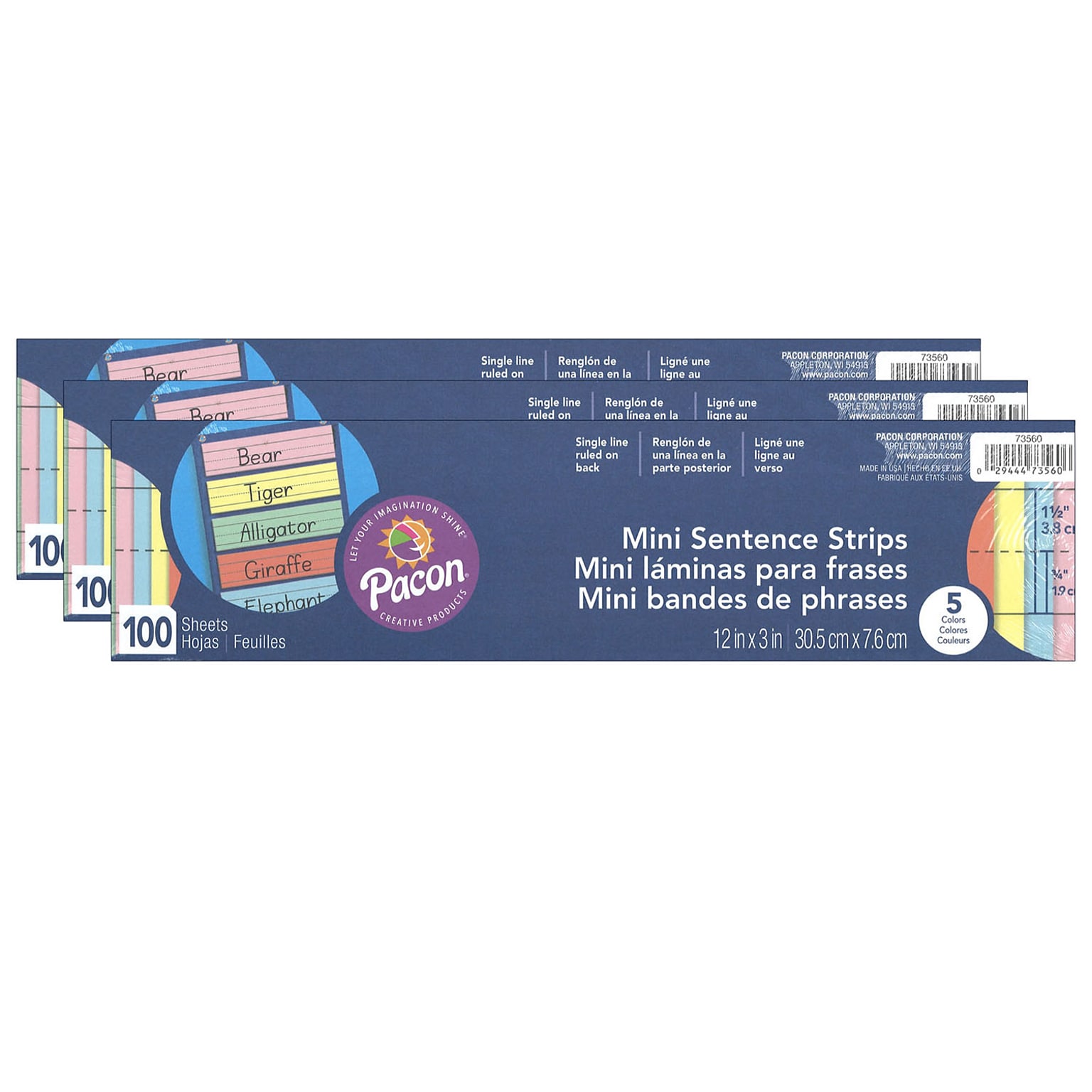 Pacon® Mini Sentence Strips, 5 Assorted Colors, 1-1/2 x 3/4 Ruled, 3 x 12, 100 Per Pack, 3 Packs (PAC73560-3)