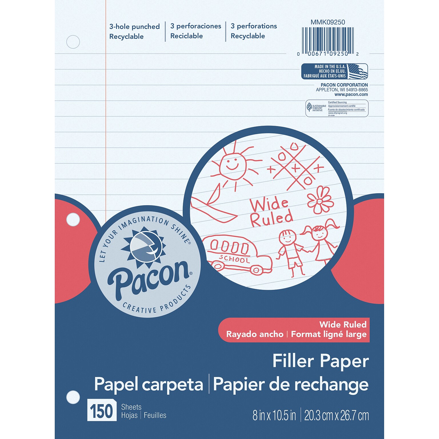 Pacon Wide Ruled Filler Paper, 8 x 10.5, 3-Hole Punched, 150 Sheets/Pack, 6 Packs/Bundle (PACMMK09250-6)