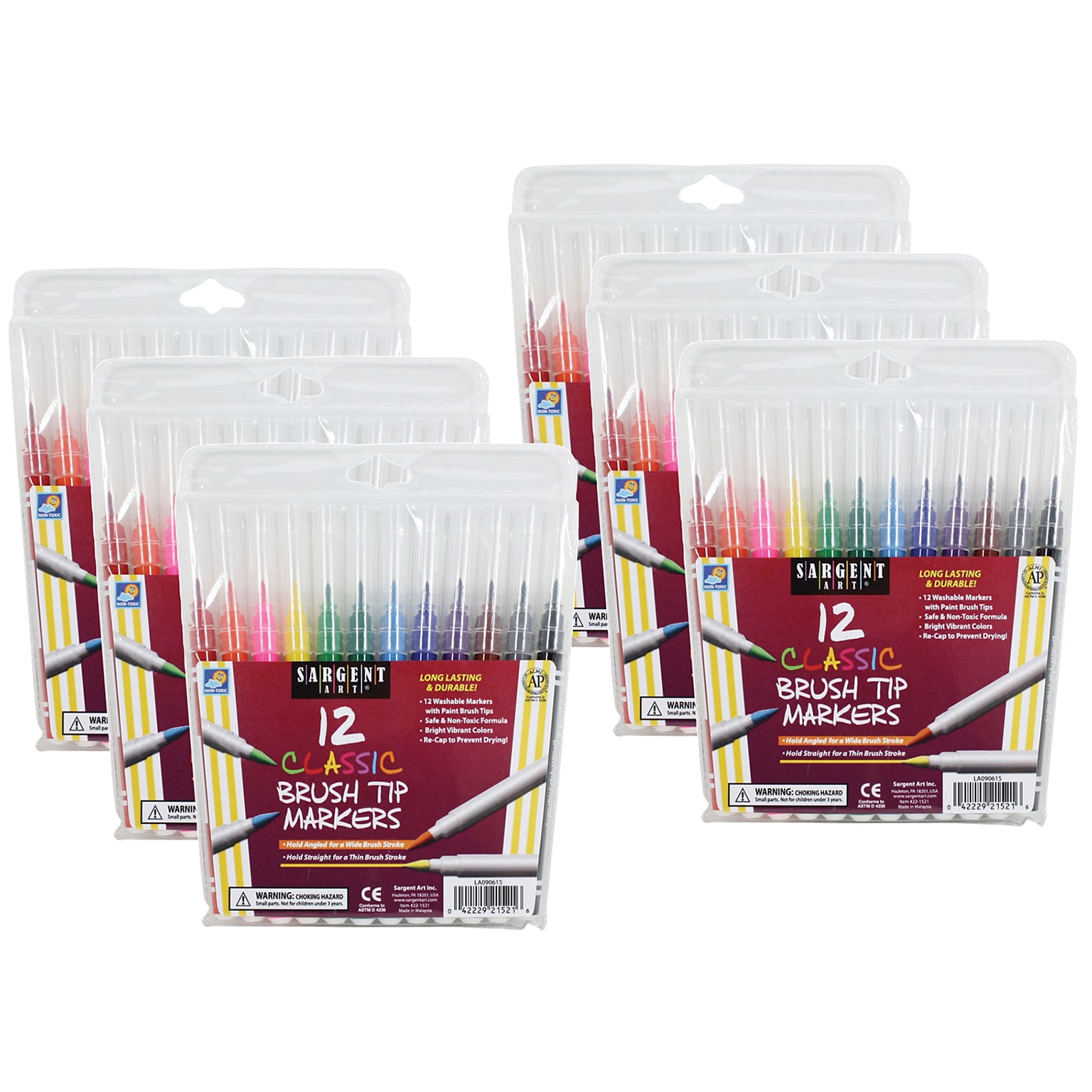 Sargent Art® Classic Markers, Brush Tip, 12 Colors Per Pack, 6 Packs (SAR221521-6)
