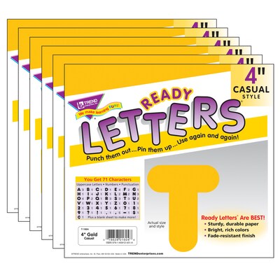 TREND 4 Casual Uppercase Ready Letters®, Gold, 71 Per Pack, 6 Packs (T-1604-6)